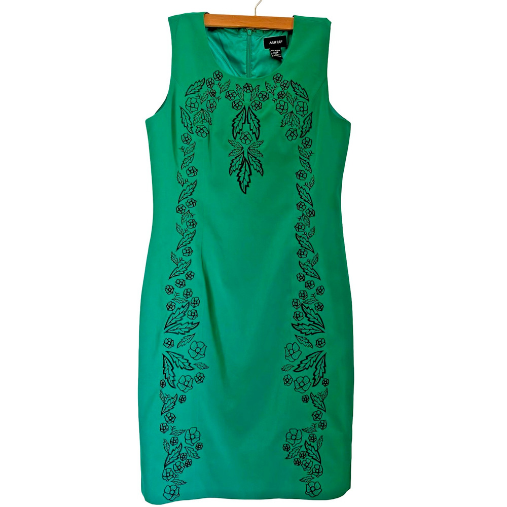 ASHRO Green Embroidered Sheath Dress Church Career Folk Floral Sleeveless 14